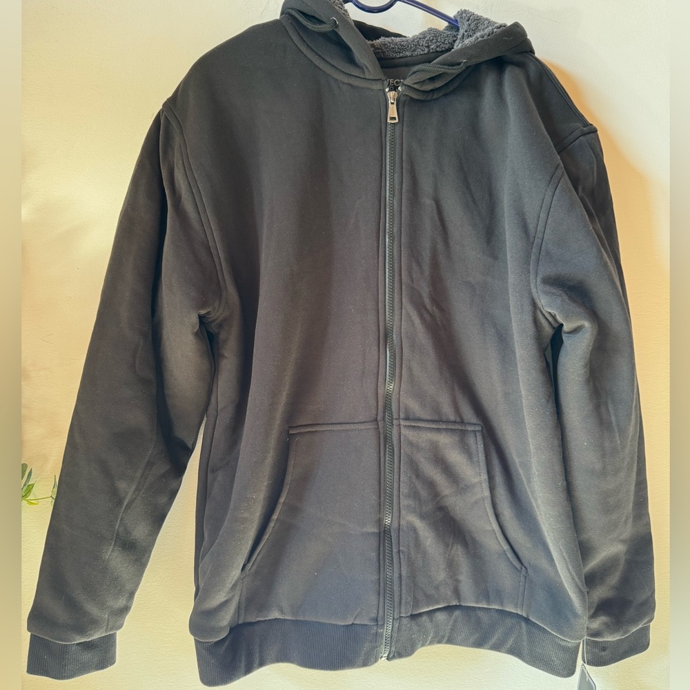 Architect Jean Co Sherpa Lined Zip-Up Black Hoodie Jacket, Men’s Large